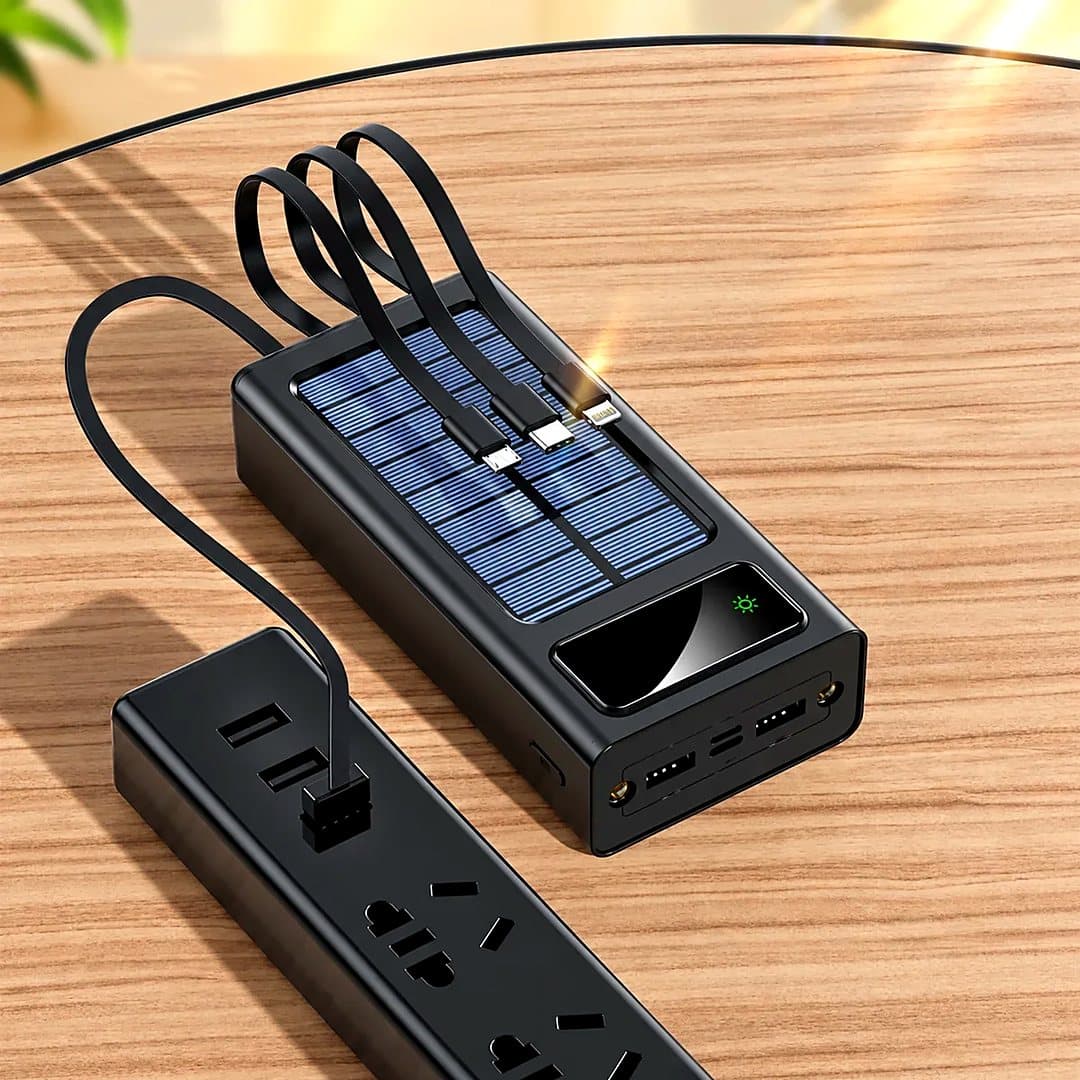 Batterie externe solaire avec câbles intégrés