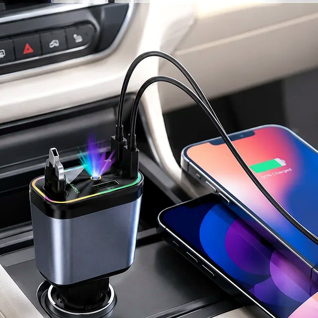 Chargeur voiture 4 en 1 avec câbles intégrés (80 cm)