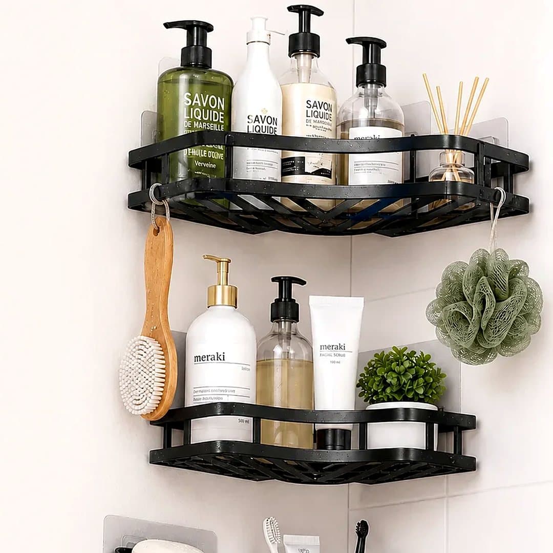 Étagères d'angle noires salle de bain, sans perçage