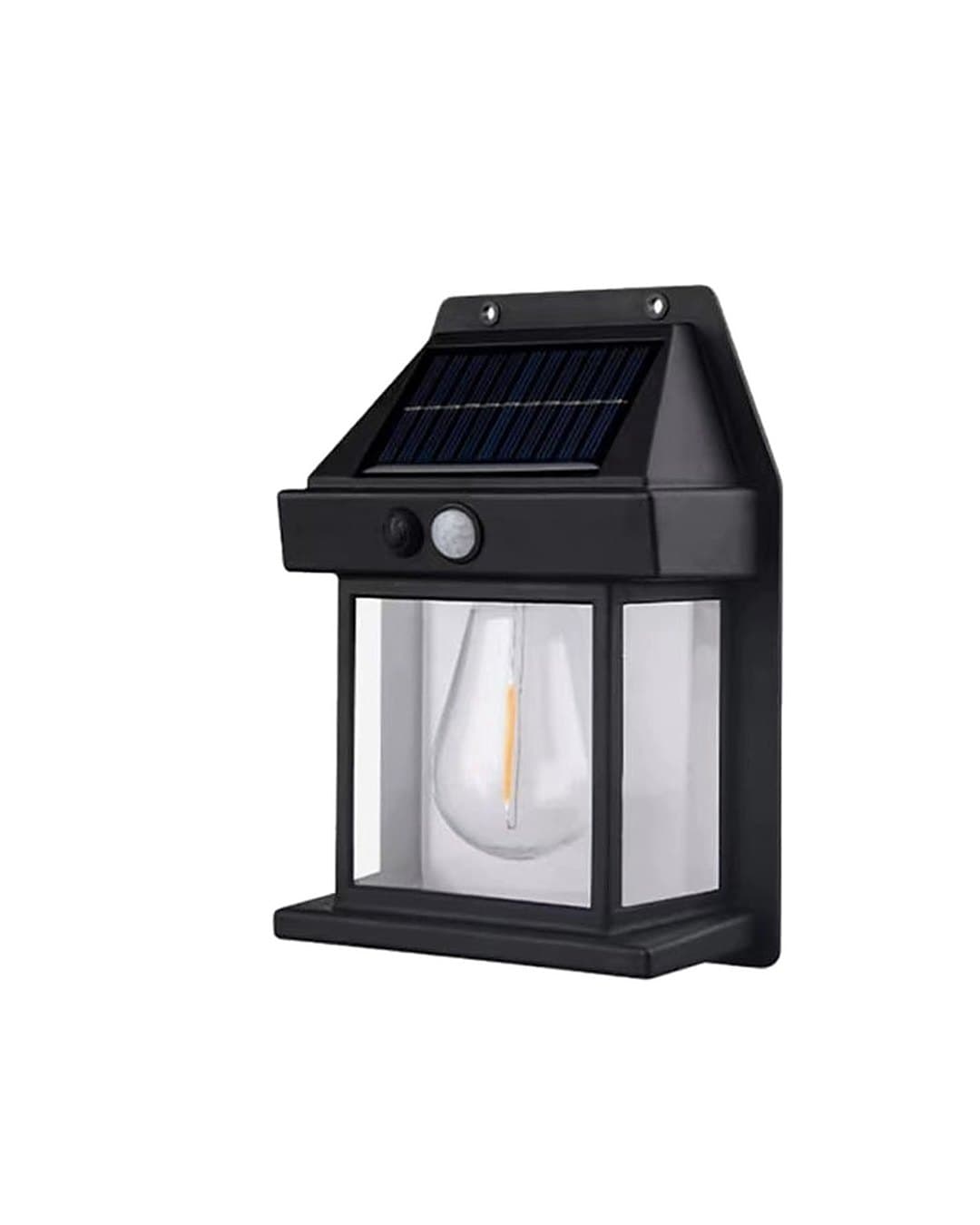 La lampe solaire murale noire avec son panneau solaire, son détecteur et son ampoule effet filament