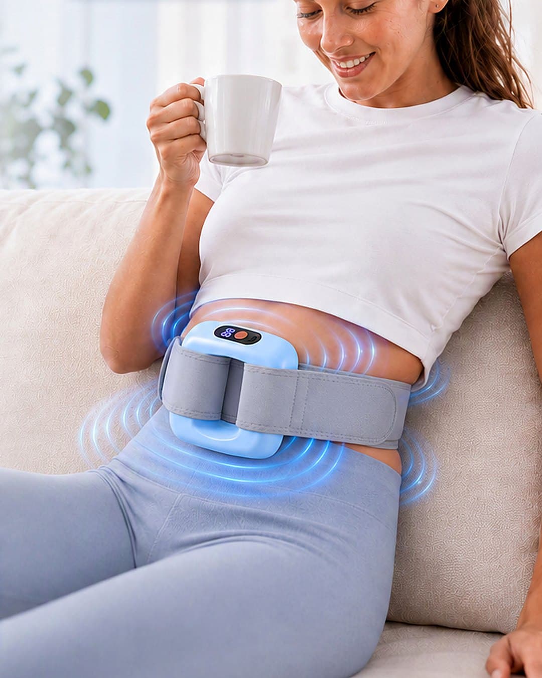 Moment de détente sur le canapé avec le masseur fixé à la taille