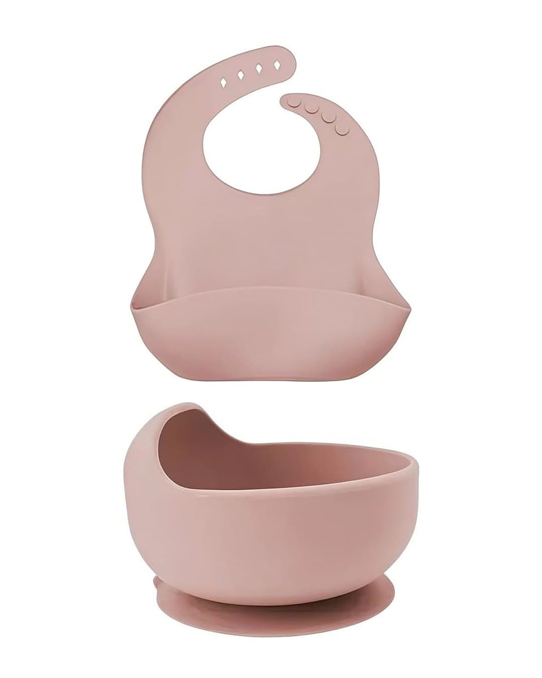 Le bavoir en silicone rose avec sa poche et le bol à base ventouse