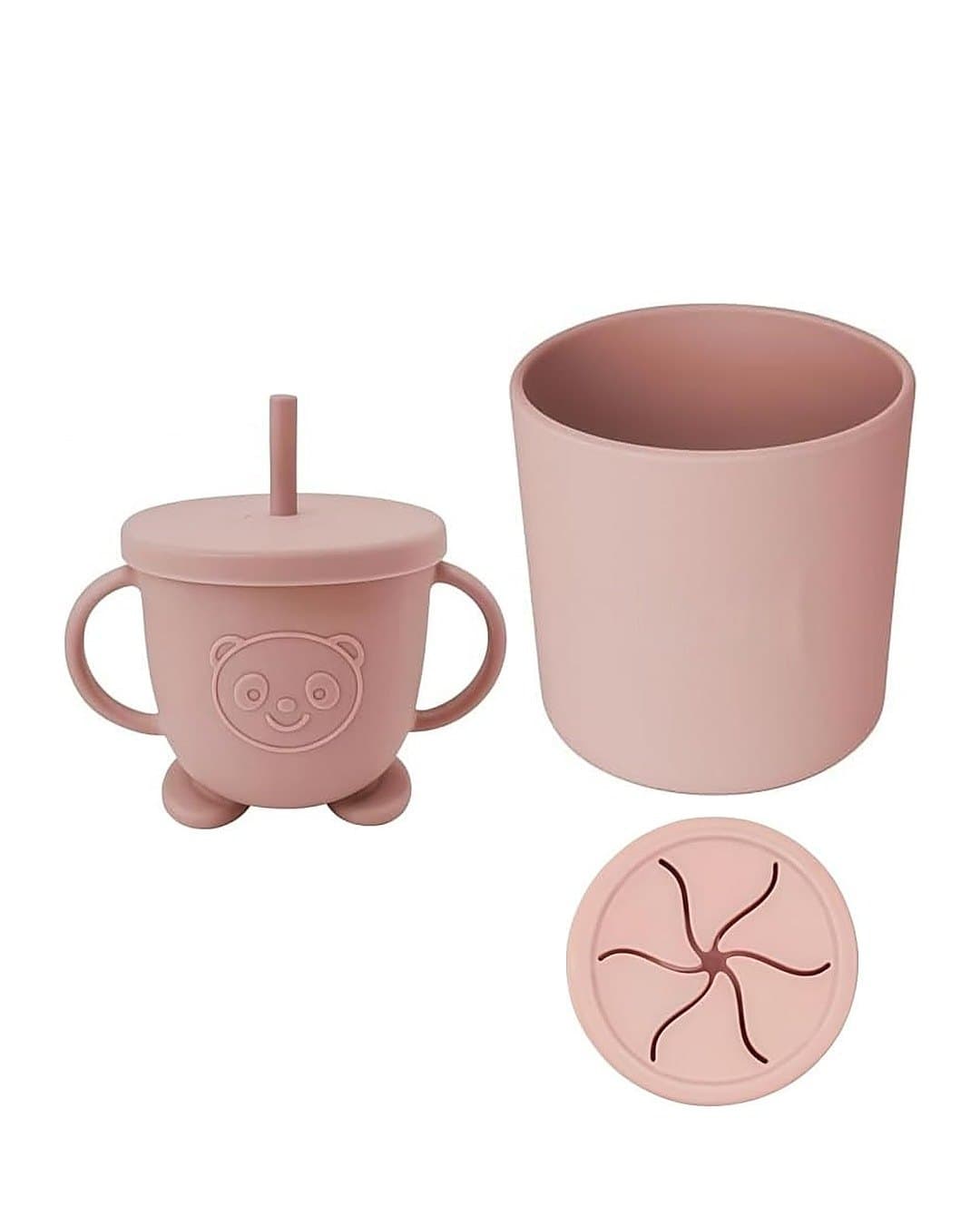 Le gobelet à anses avec paille, le pot et son couvercle en silicone rose
