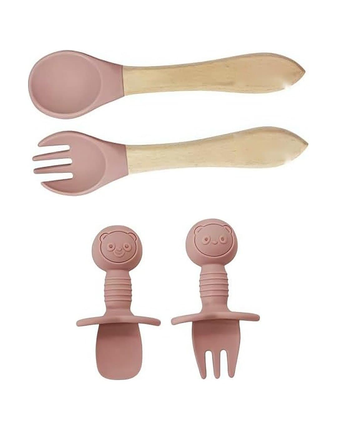 Les couverts du set : cuillère et fourchette à manche en bois, petite cuillère et petite fourchette d'apprentissage