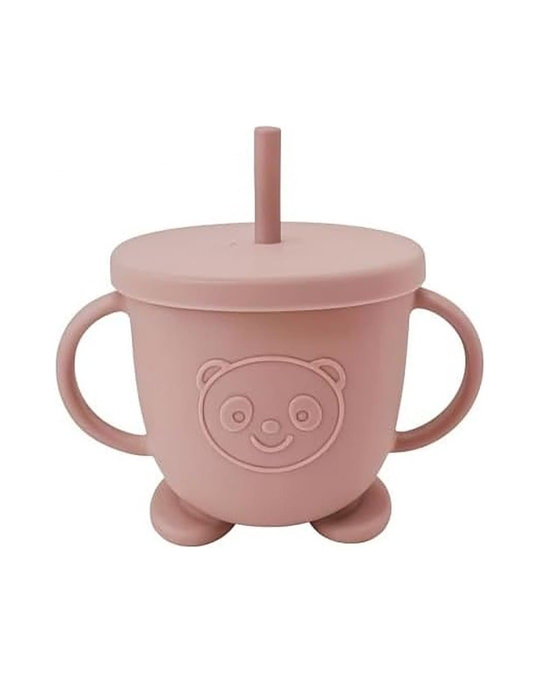 Le gobelet à anses en silicone rose, avec couvercle et paille
