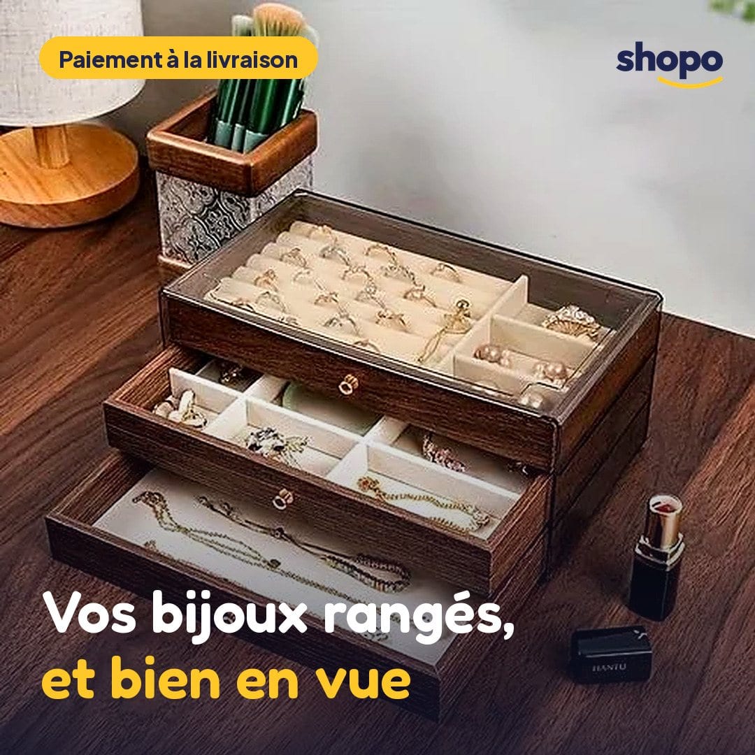 Boîte à bijoux 3 tiroirs effet bois, couvercle transparent, photo 1