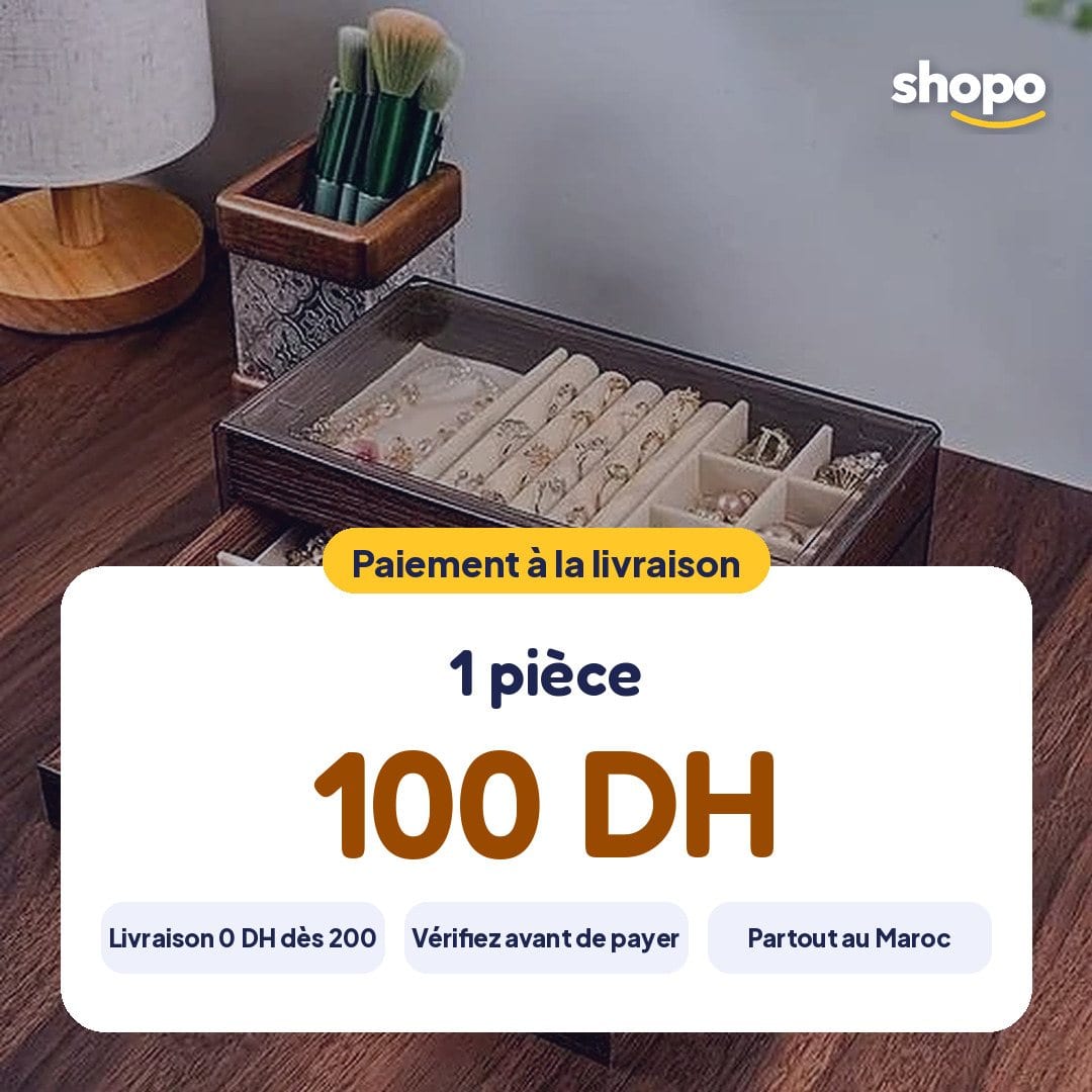 Boîte à bijoux 3 tiroirs effet bois, couvercle transparent, photo 6