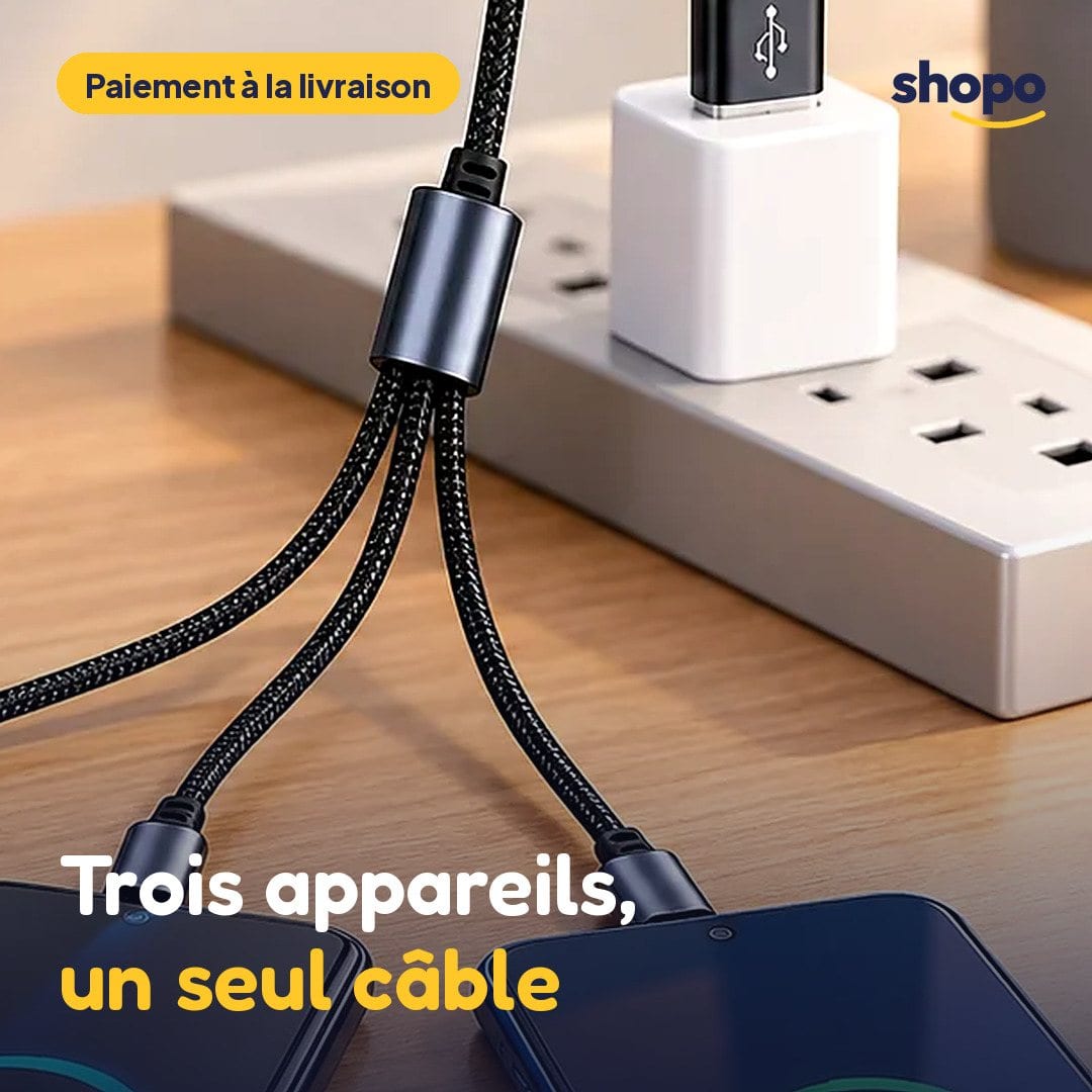 Câble 3 en 1 tressé noir, trois embouts, photo 1