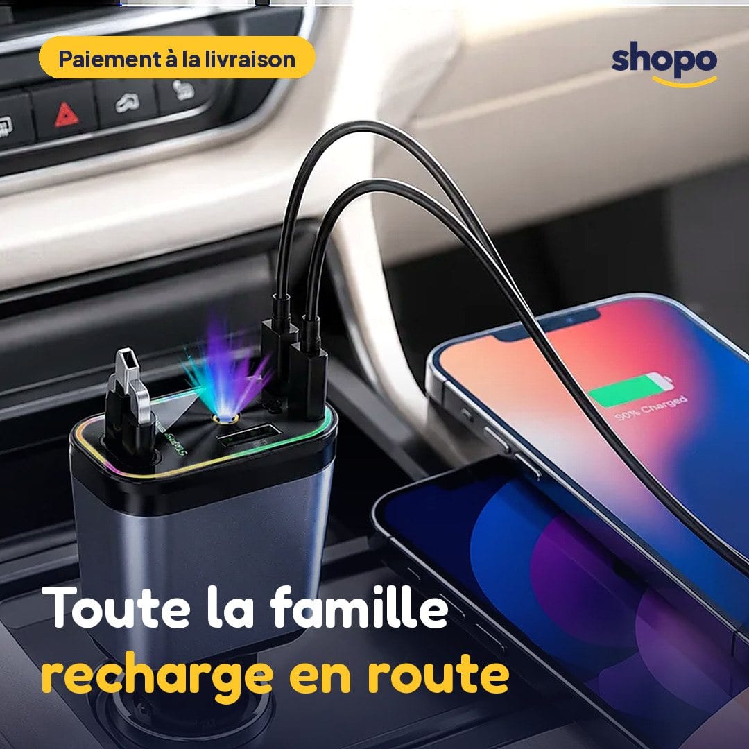 Chargeur voiture 4 en 1 avec câbles intégrés (80 cm), photo 1