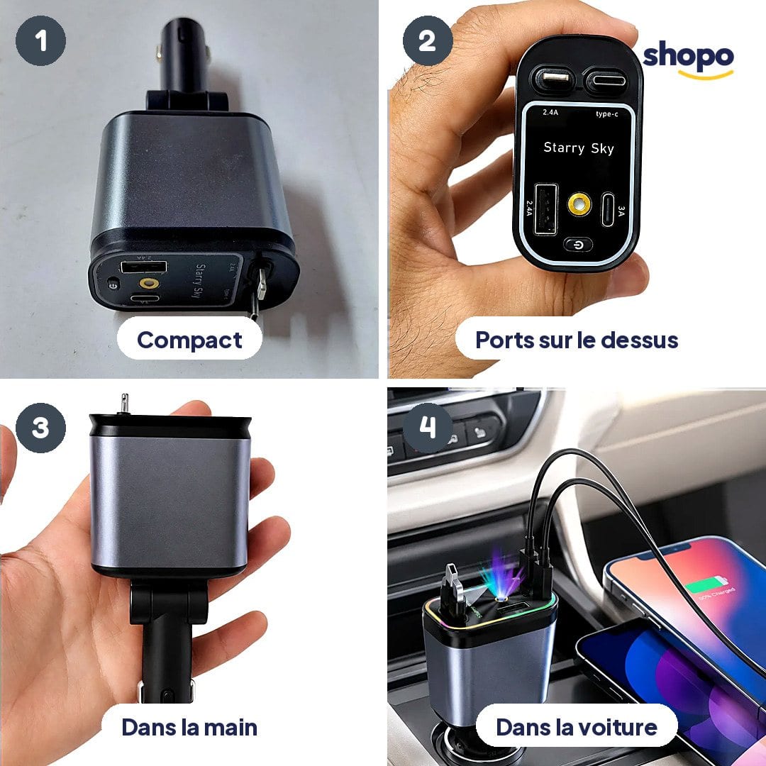 Chargeur voiture 4 en 1 avec câbles intégrés (80 cm), photo 3