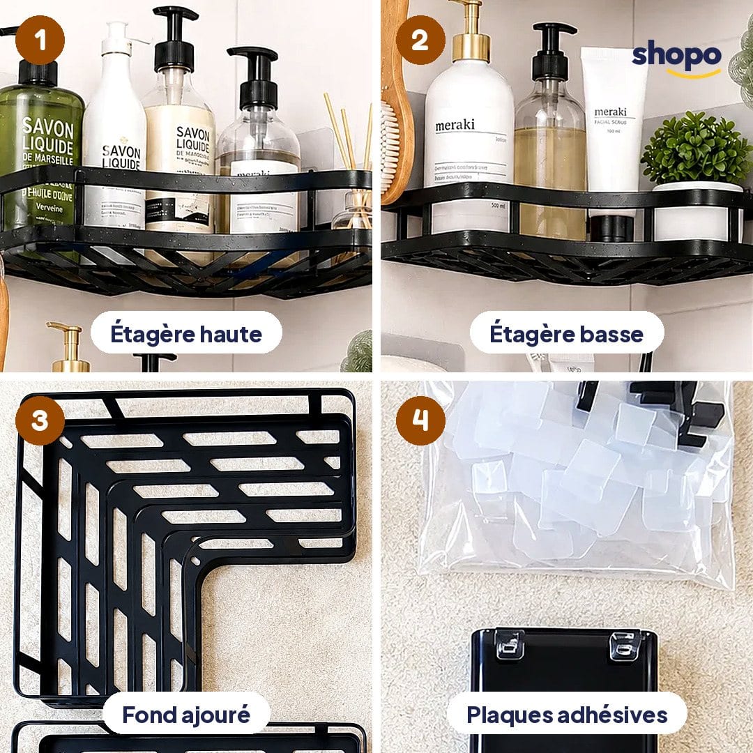 Étagères d'angle noires salle de bain, sans perçage, photo 3