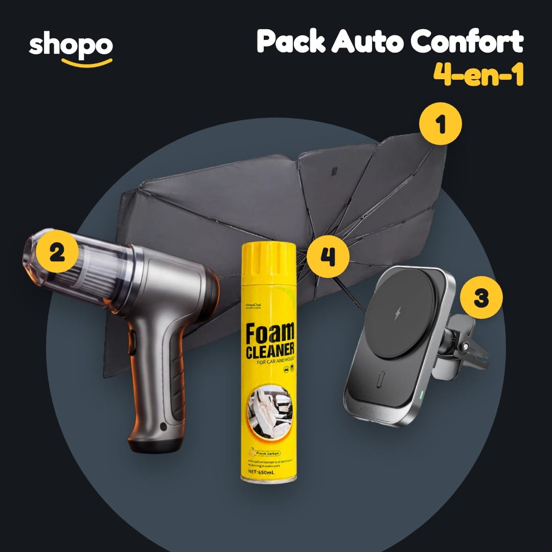 Pack Auto Confort 4-en-1 : parasol, aspirateur, support chargeur, mousse, photo 1