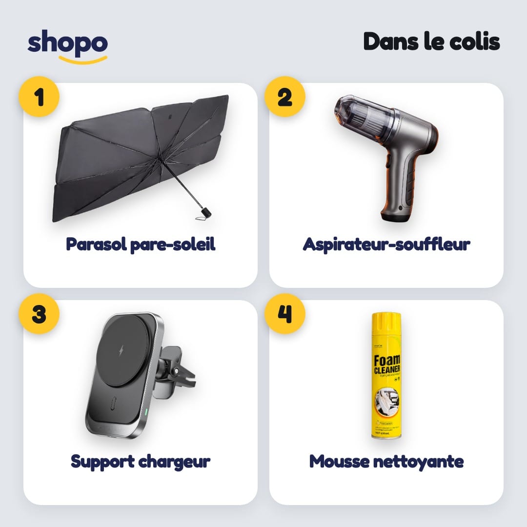 Pack Auto Confort 4-en-1 : parasol, aspirateur, support chargeur, mousse, photo 2