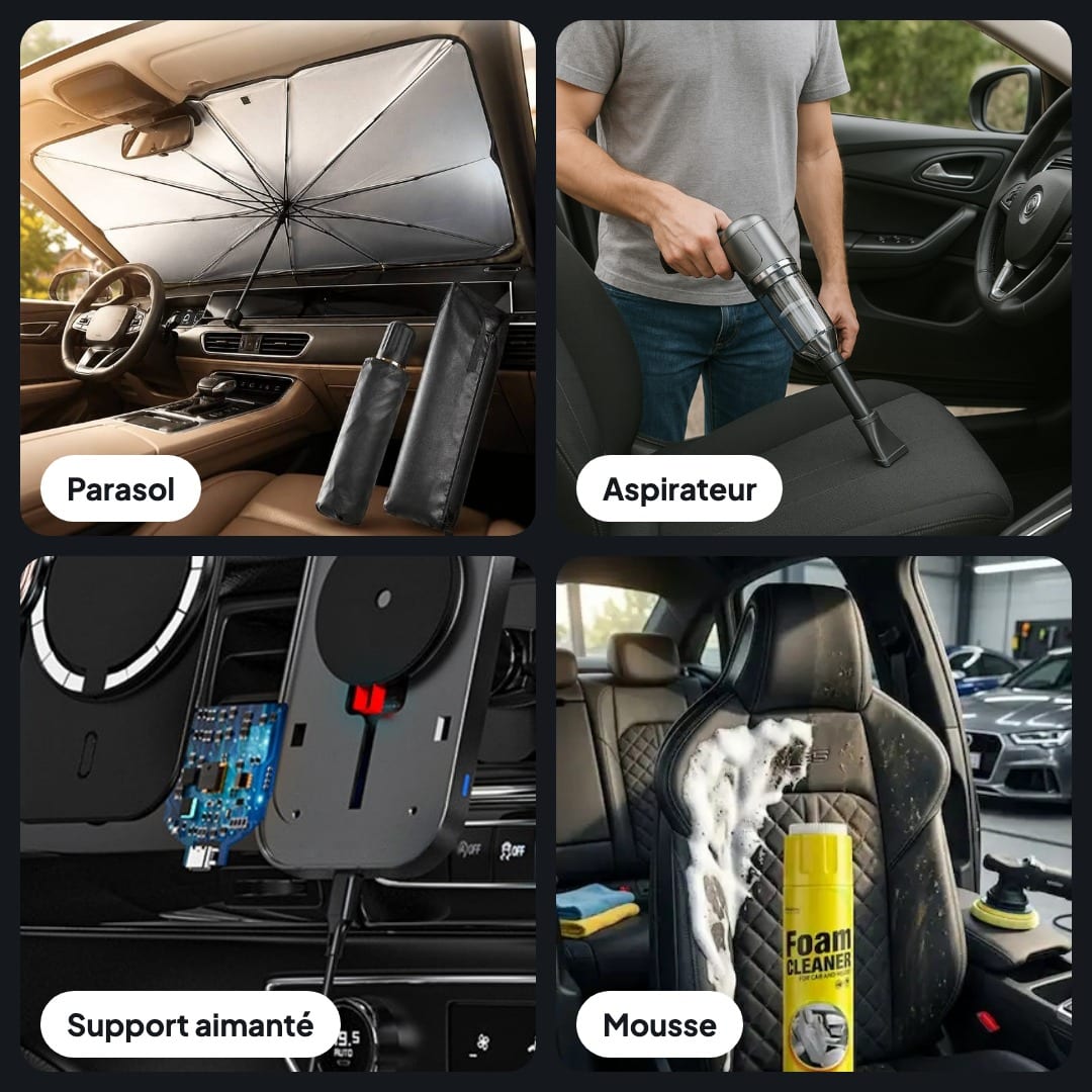 Pack Auto Confort 4-en-1 : parasol, aspirateur, support chargeur, mousse, photo 4