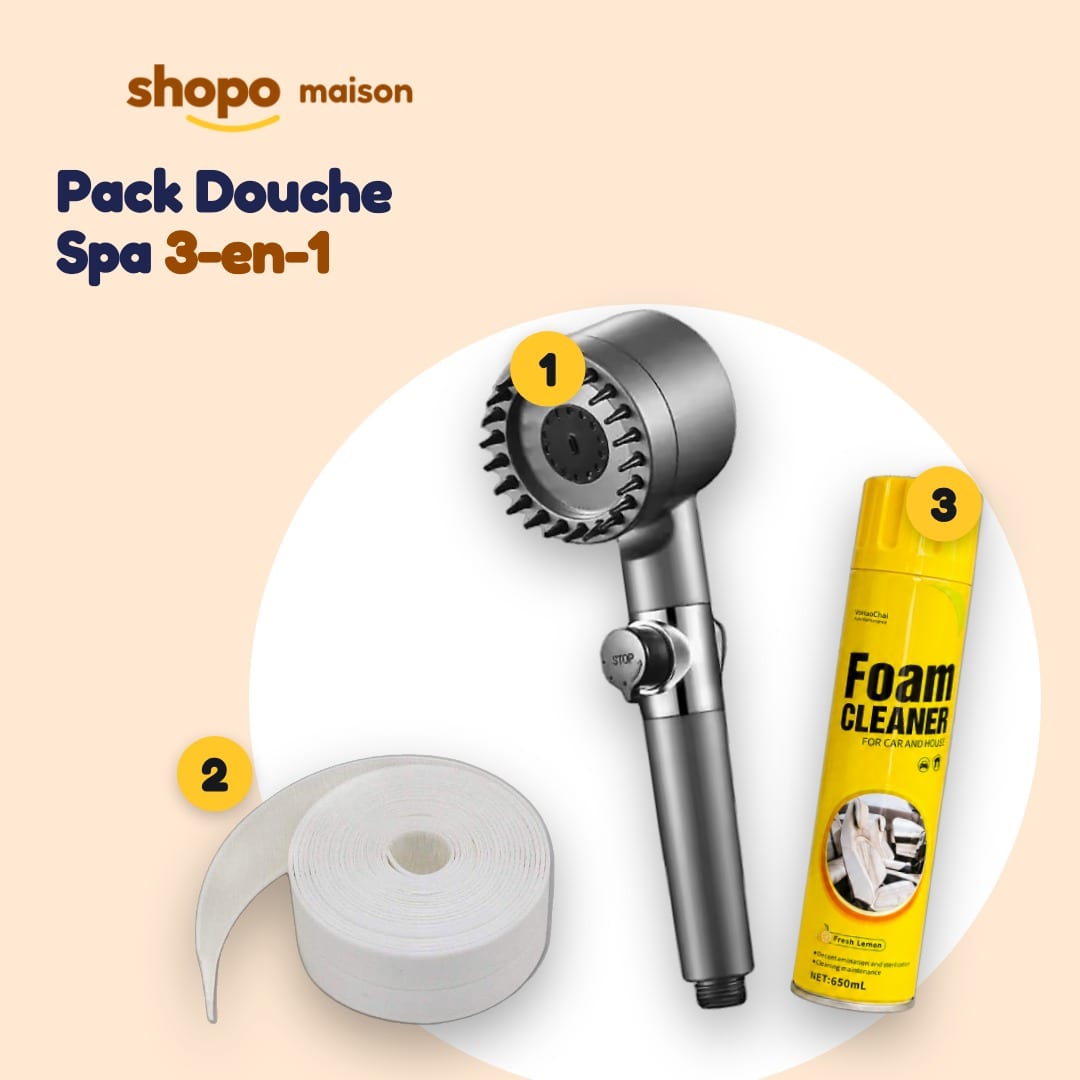Pack Douche Spa 3-en-1 : pommeau haute pression, ruban anti-moisissure, mousse, photo 1