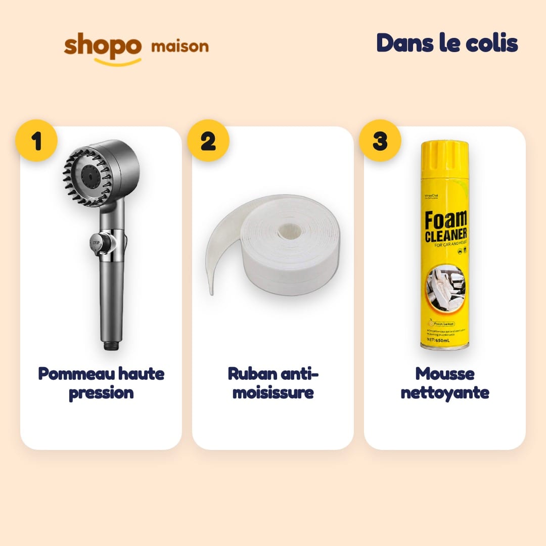 Pack Douche Spa 3-en-1 : pommeau haute pression, ruban anti-moisissure, mousse, photo 2