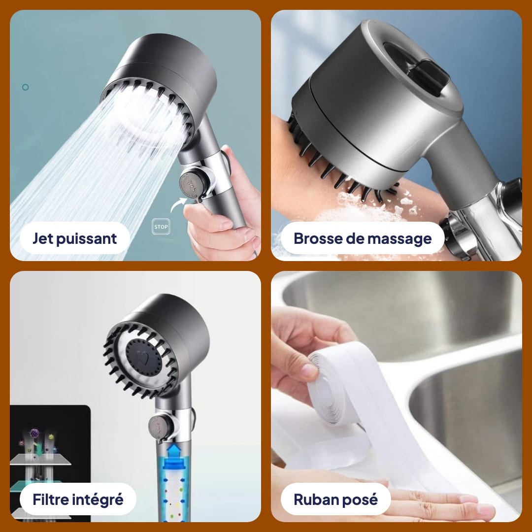 Pack Douche Spa 3-en-1 : pommeau haute pression, ruban anti-moisissure, mousse, photo 4