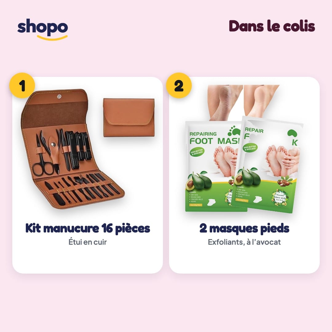 Pack Mains & Pieds Doux : kit manucure 16 pièces en étui + 2 masques exfoliants pour les pieds, photo 2