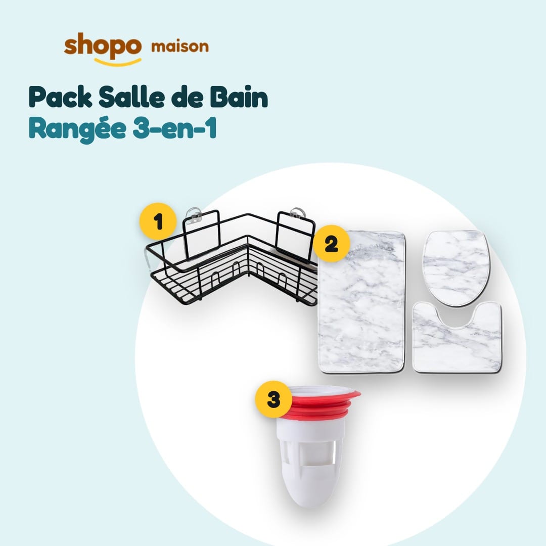 Pack Salle de Bain Rangée 3-en-1 : étagères de douche, 3 tapis assortis, bonde anti-odeurs, photo 1