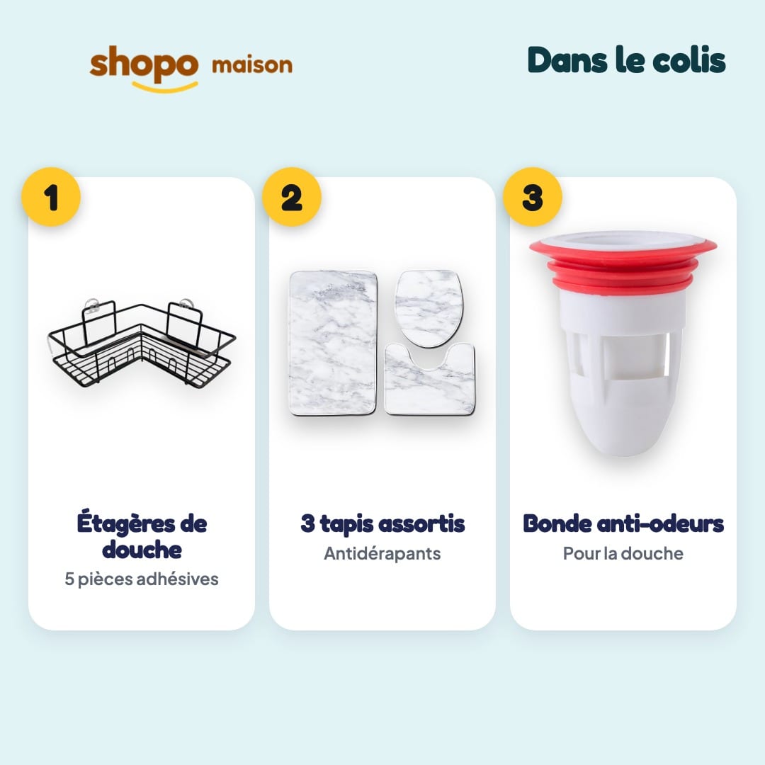 Pack Salle de Bain Rangée 3-en-1 : étagères de douche, 3 tapis assortis, bonde anti-odeurs, photo 2