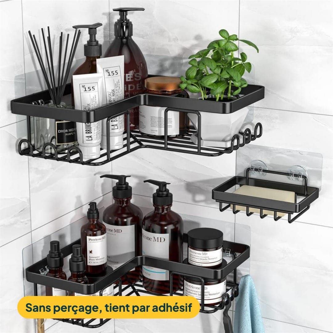 Pack Salle de Bain Rangée 3-en-1 : étagères de douche, 3 tapis assortis, bonde anti-odeurs, photo 3