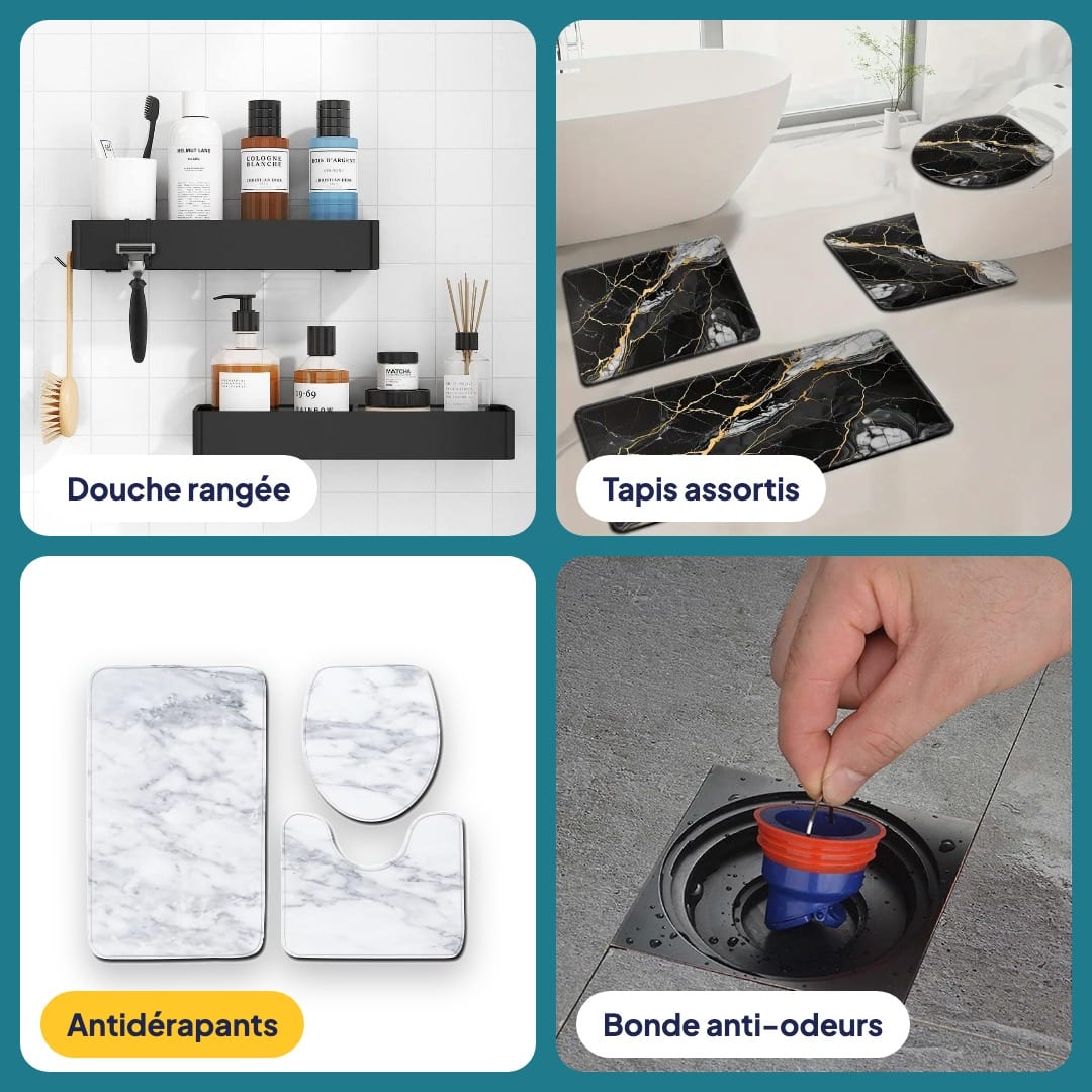 Pack Salle de Bain Rangée 3-en-1 : étagères de douche, 3 tapis assortis, bonde anti-odeurs, photo 4