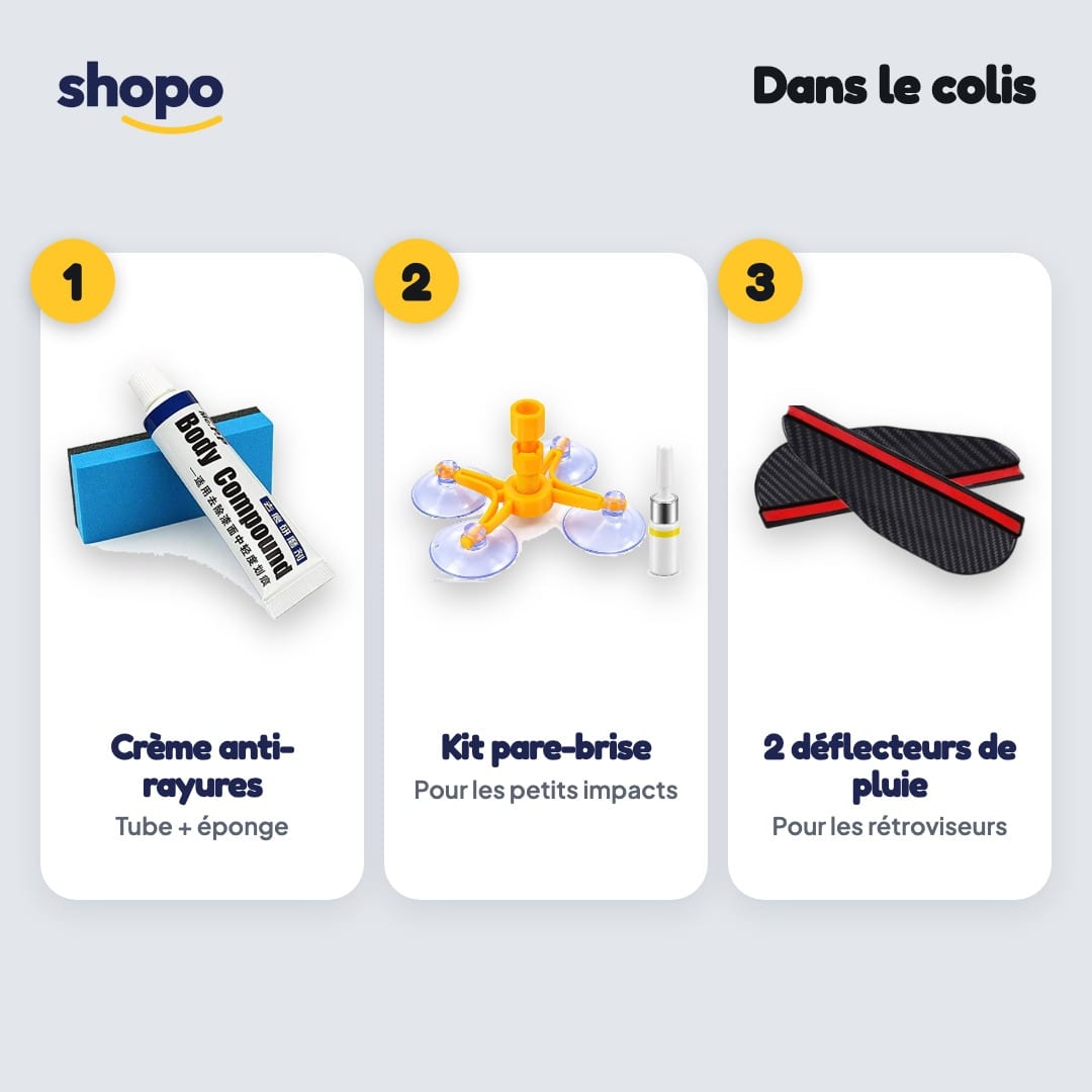 Pack Voiture Comme Neuve 3-en-1 : crème anti-rayures, kit réparation pare-brise, déflecteurs de pluie, photo 2