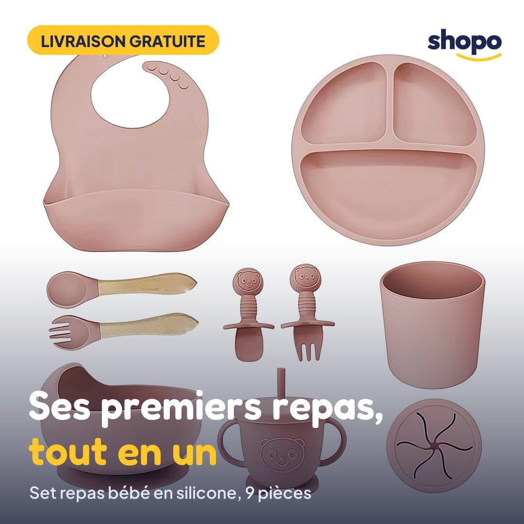 Set repas bébé en silicone, 9 pièces (rose), photo 1