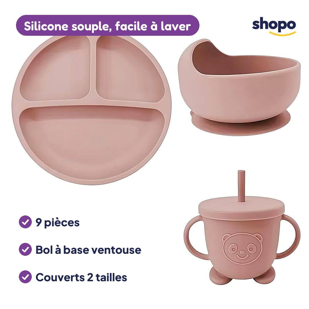 Set repas bébé en silicone, 9 pièces (rose), photo 2