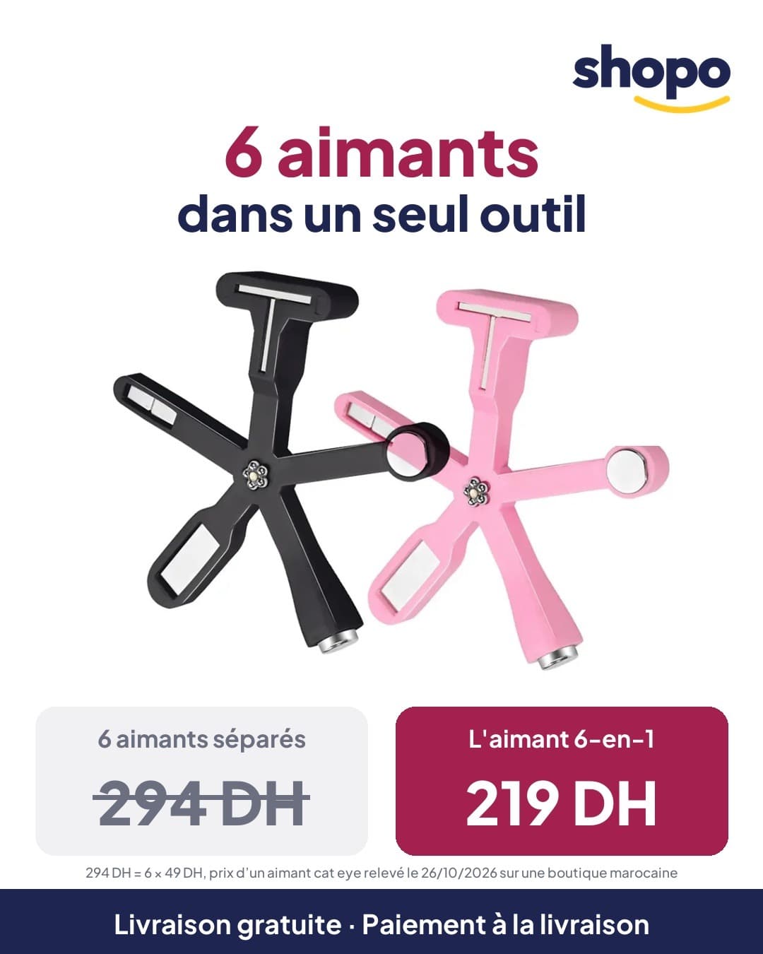 6 aimants séparés environ 294 DH, l'aimant 6-en-1 219 DH