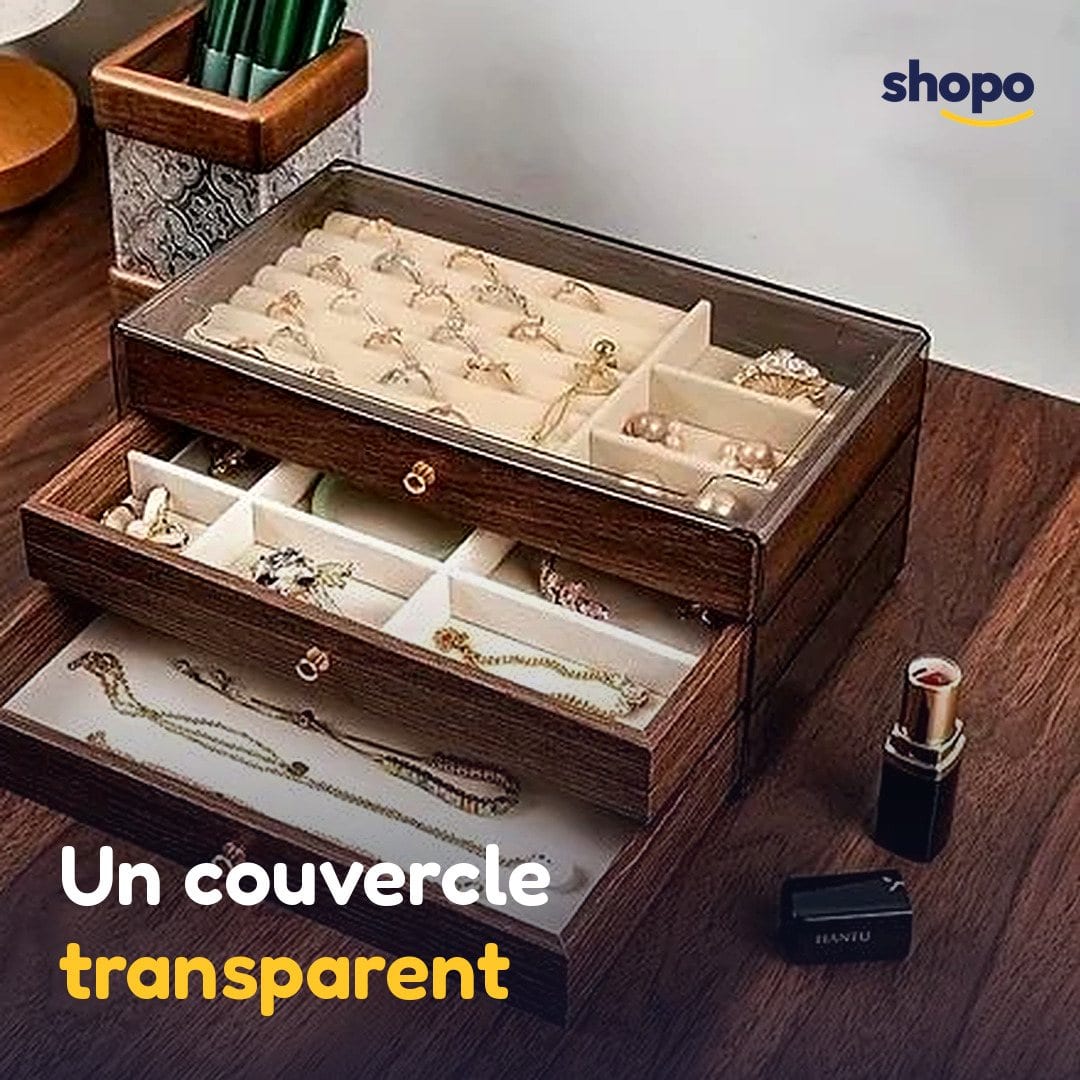 Boîte à bijoux 3 tiroirs effet bois, couvercle transparent, photo 4