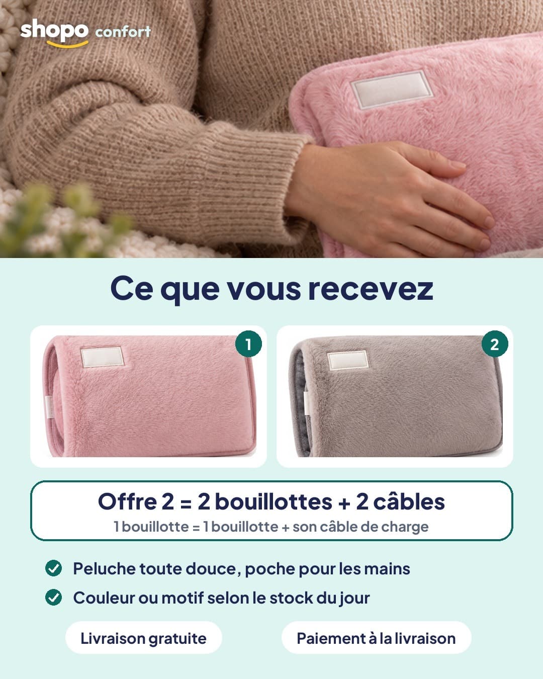 Ce que vous recevez : 1 bouillotte électrique en peluche et son câble de charge