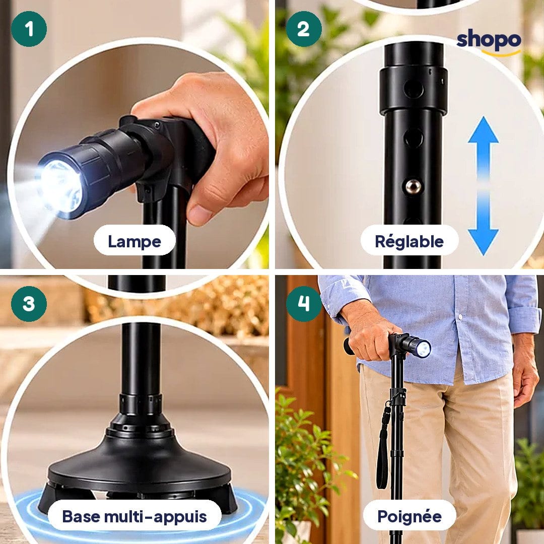 Canne de marche réglable avec lampe et base multi-appuis, photo 3