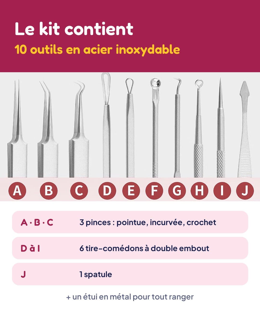 Le kit tire-comédon : 3 pinces, 6 tire-comédons à double embout et 1 spatule