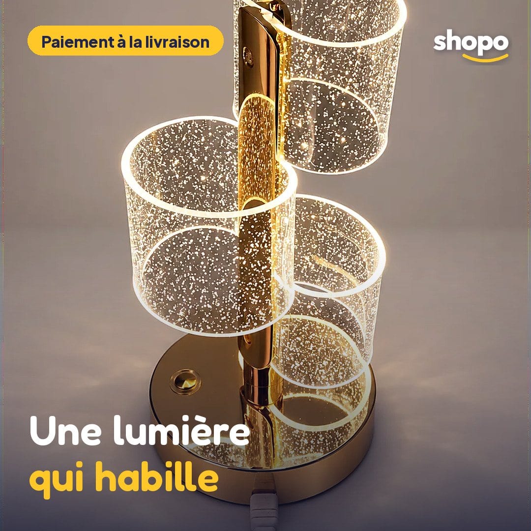 Lampe de chevet design dorée, cylindres transparents, photo 1