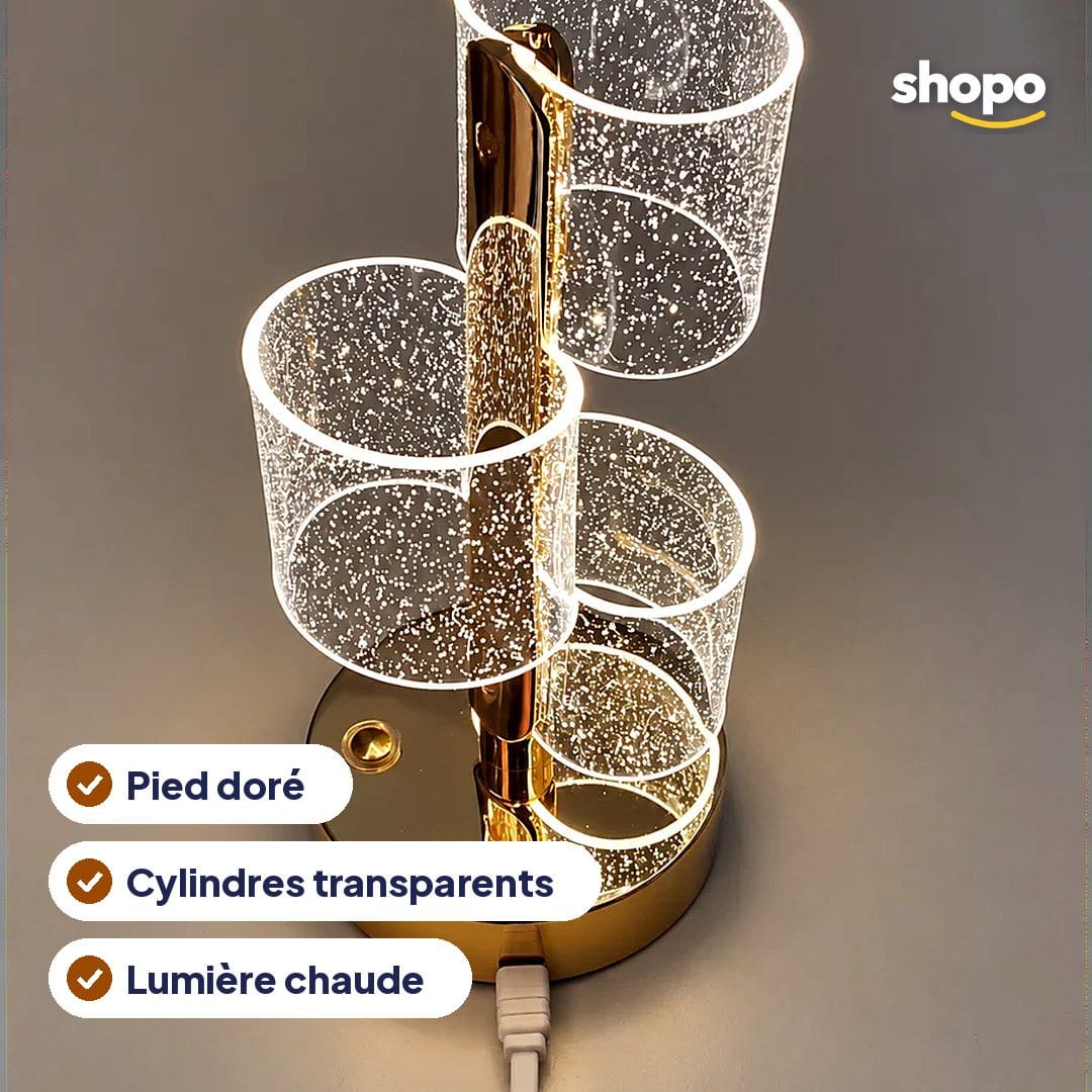 Lampe de chevet design dorée, cylindres transparents, photo 2