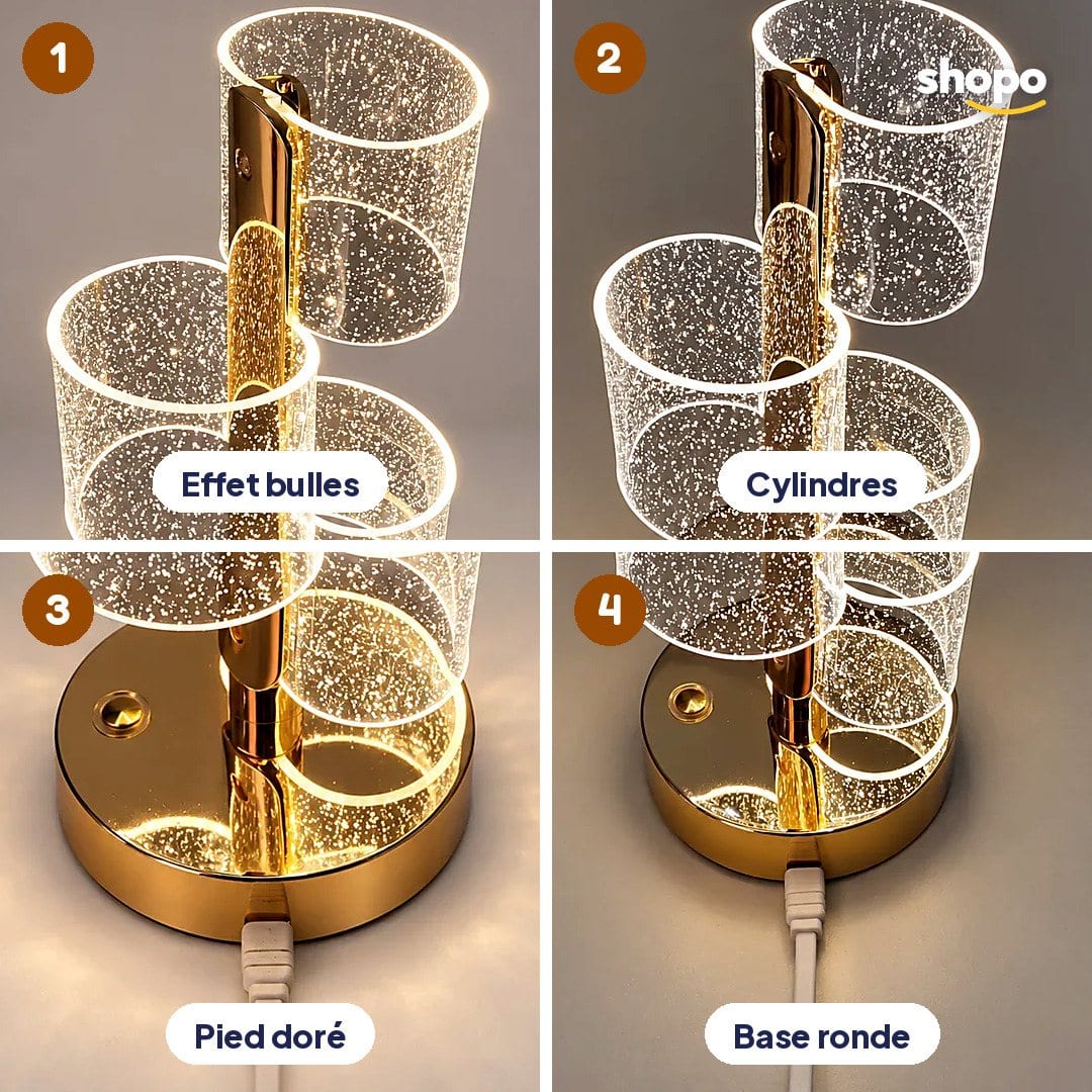 Lampe de chevet design dorée, cylindres transparents, photo 3
