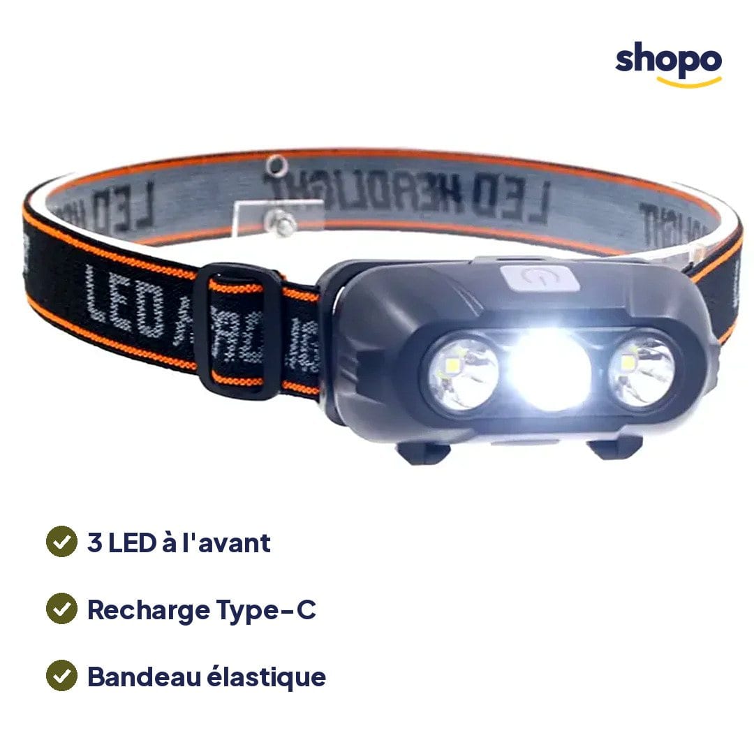 Lampe frontale rechargeable Type-C à 3 LED, photo 2