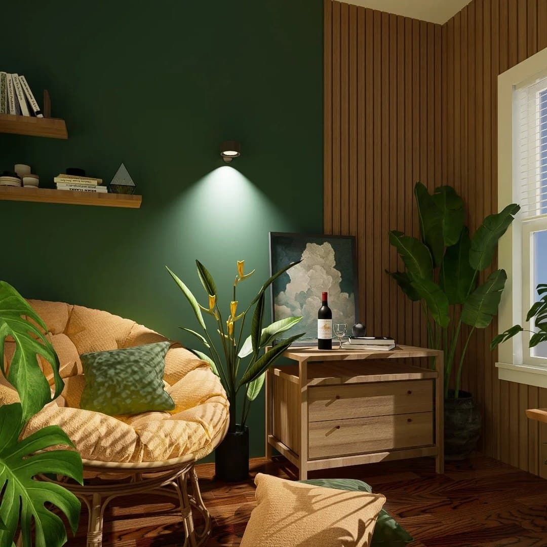 Lampe murale noire au-dessus d'un coin lecture dans un salon