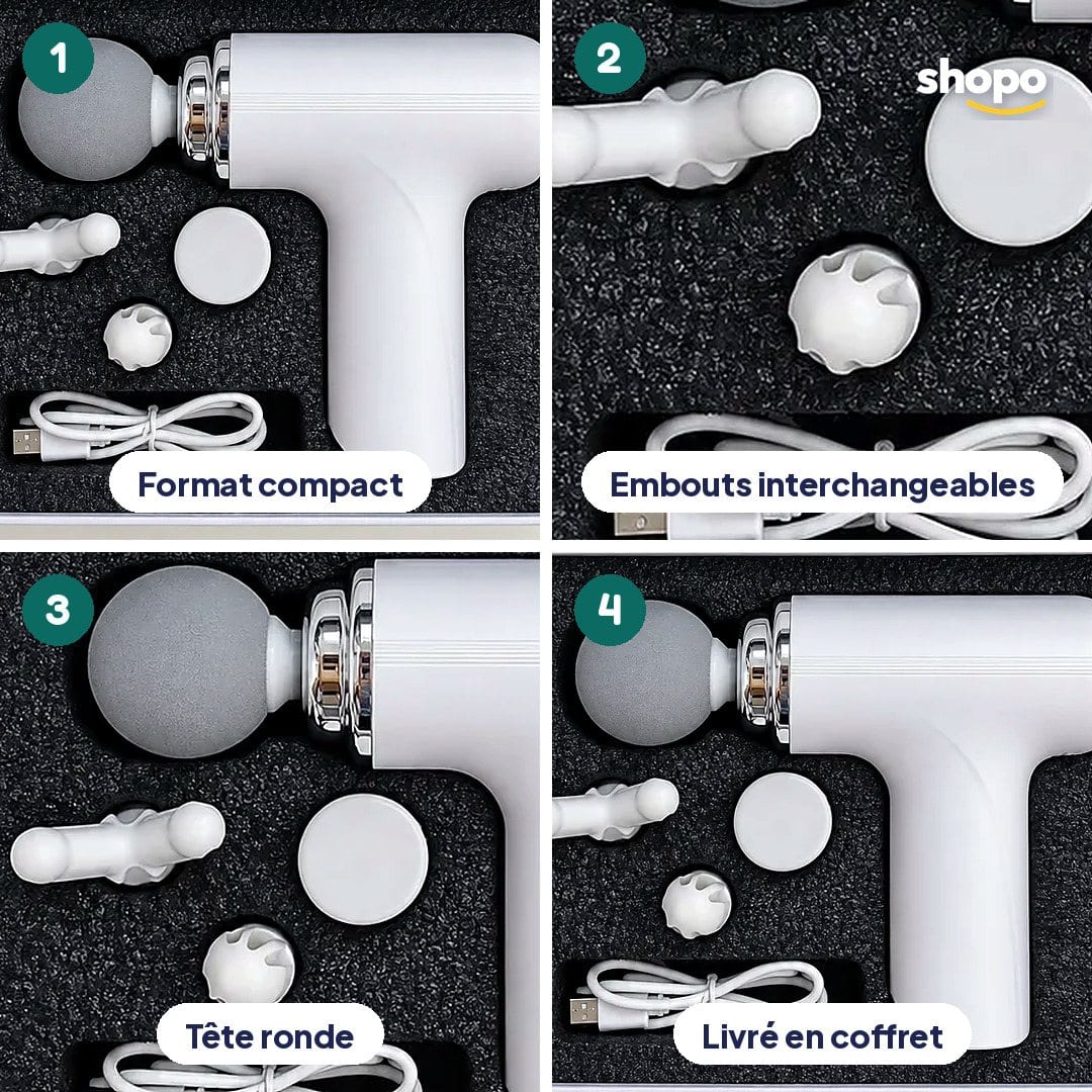 Mini pistolet de massage blanc avec 4 embouts, photo 3