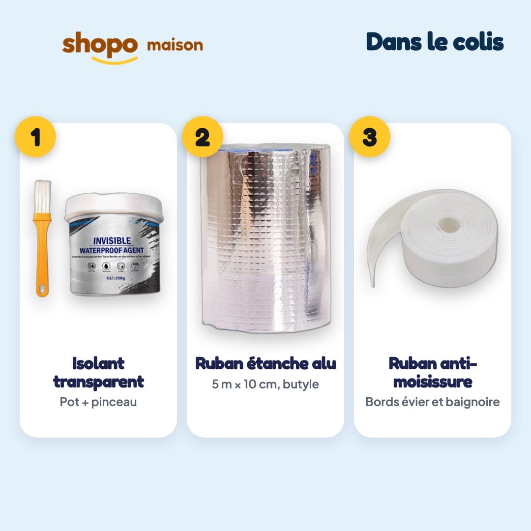 Pack Anti-Fuite 3-en-1 : isolant transparent, ruban étanche alu, ruban anti-moisissure, photo 2