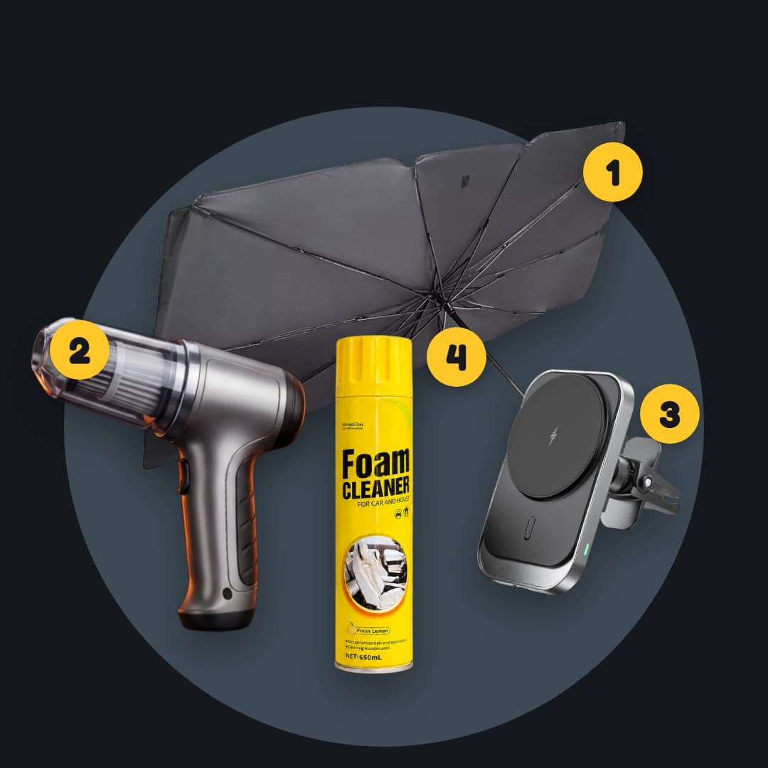 Pack Auto Confort 4-en-1 : parasol, aspirateur, support chargeur, mousse