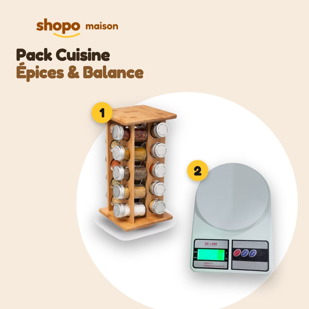 Pack Cuisine Épices & Balance : étagère à épices tournante 10 pots + balance de cuisine 10 kg, photo 1