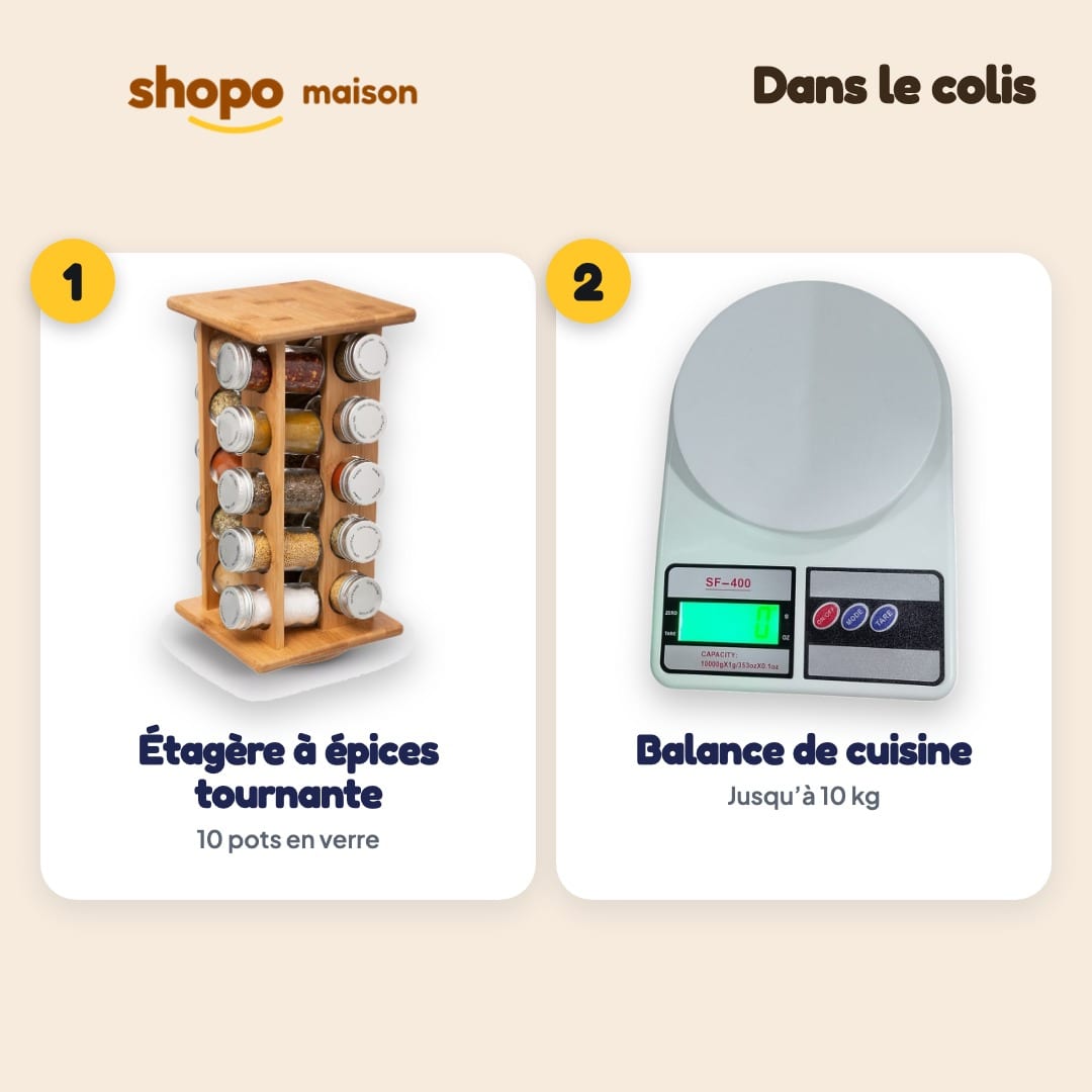 Pack Cuisine Épices & Balance : étagère à épices tournante 10 pots + balance de cuisine 10 kg, photo 2