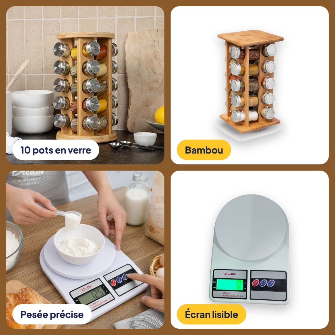 Pack Cuisine Épices & Balance : étagère à épices tournante 10 pots + balance de cuisine 10 kg, photo 4