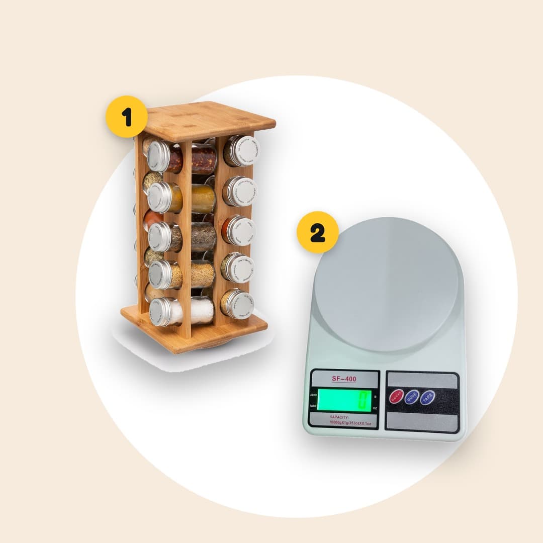 Pack Cuisine Épices & Balance : étagère à épices tournante 10 pots + balance de cuisine 10 kg