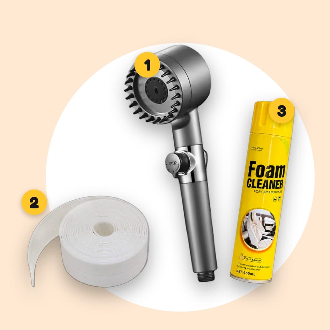 Pack Douche Spa 3-en-1 : pommeau haute pression, ruban anti-moisissure, mousse