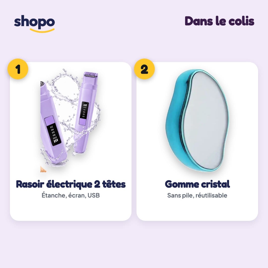 Pack Épilation Douce 2-en-1 : rasoir électrique femme 2 têtes étanche + gomme cristal, photo 2