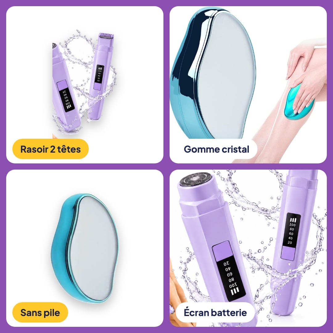 Pack Épilation Douce 2-en-1 : rasoir électrique femme 2 têtes étanche + gomme cristal, photo 4
