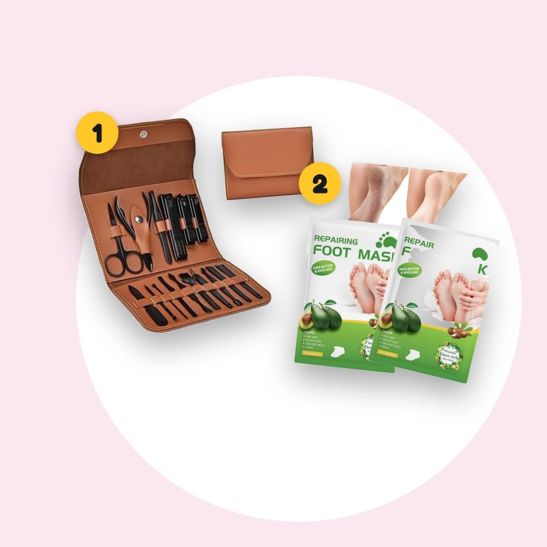 Pack Mains & Pieds Doux : kit manucure 16 pièces en étui + 2 masques exfoliants pour les pieds